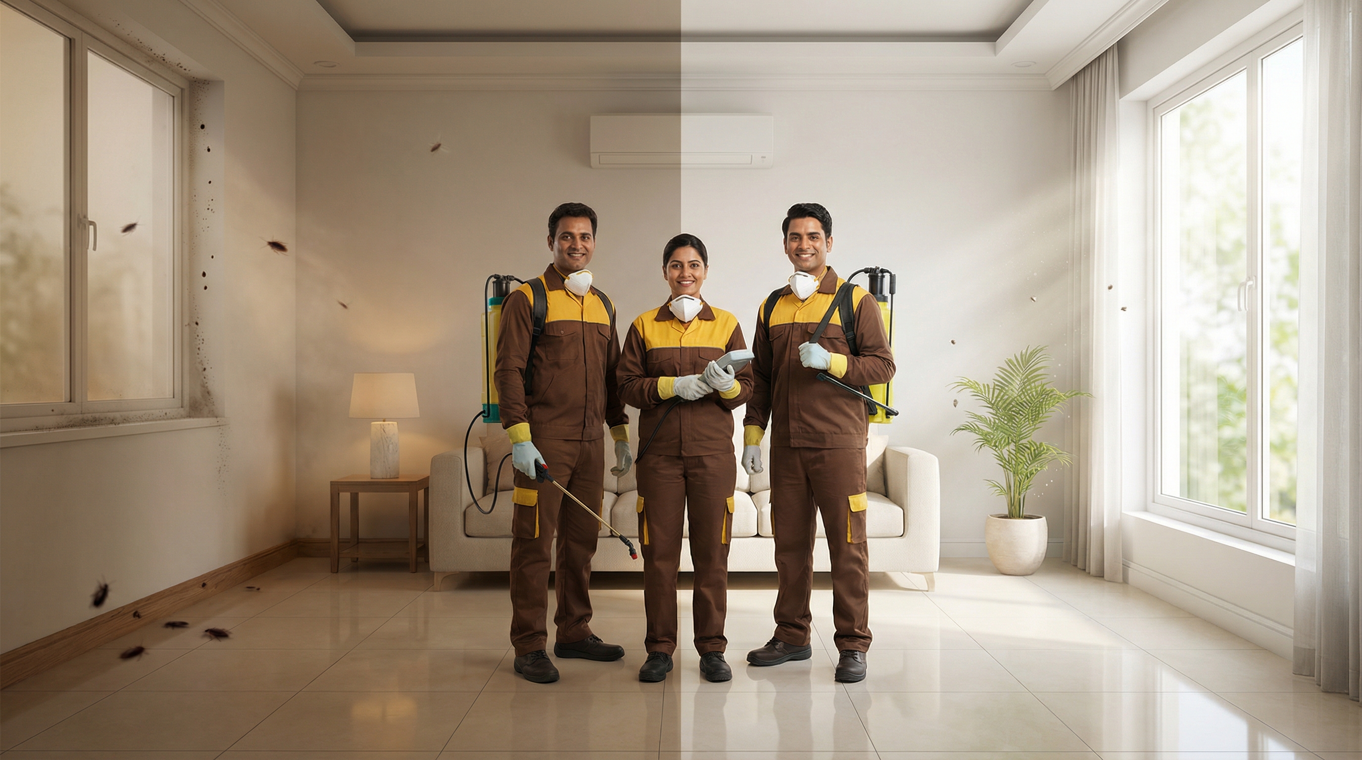 Technician Spraying Living Room